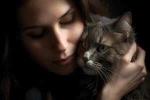 une photo de une femme séance pacifiquement, berceau sa chat dans sa bras, comme elle les plantes une doux baiser sur ses diriger. génératif ai