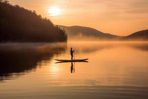 une serein coup de une paddleboarder glissement à travers une calme Lac à lever du soleil. génératif ai photo