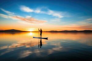 une serein coup de une paddleboarder glissement à travers une calme Lac à lever du soleil. génératif ai photo