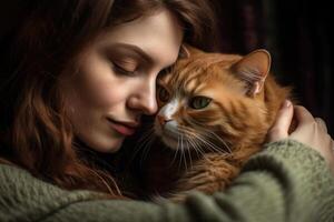 une photo de une femme séance pacifiquement, berceau sa chat dans sa bras, comme elle les plantes une doux baiser sur ses diriger. génératif ai