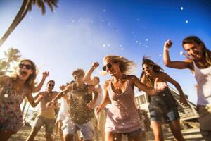 plage club faire la fête, avec gens dansant et profiter le la musique en dessous de le chaud Soleil. génératif ai photo