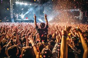 le vibrant atmosphère de une la musique Festival avec une foule de enthousiaste Ventilateurs applaudissement pour leur préféré groupe. génératif ai photo