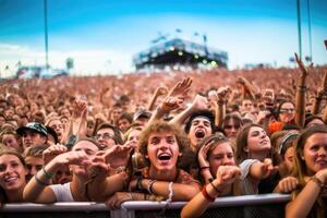 le vibrant atmosphère de une la musique Festival avec une foule de enthousiaste Ventilateurs applaudissement pour leur préféré groupe. génératif ai photo