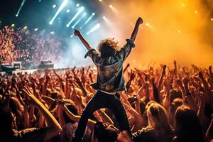 le vibrant atmosphère de une la musique Festival avec une foule de enthousiaste Ventilateurs applaudissement pour leur préféré groupe. génératif ai photo