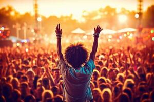 le vibrant atmosphère de une la musique Festival avec une foule de enthousiaste Ventilateurs applaudissement pour leur préféré groupe. génératif ai photo