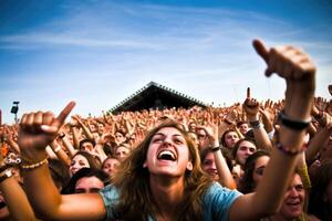 le vibrant atmosphère de une la musique Festival avec une foule de enthousiaste Ventilateurs applaudissement pour leur préféré groupe. génératif ai photo