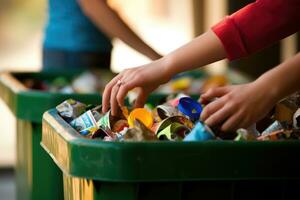 une coup de mains en portant une recyclage poubelle rempli avec divers recyclable articles. génératif ai photo