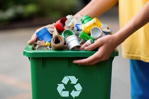 une coup de mains en portant une recyclage poubelle rempli avec divers recyclable articles. génératif ai photo