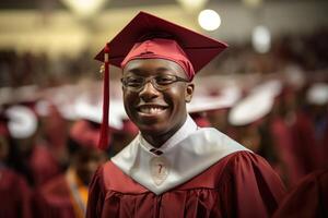 une proche - en haut coup de une afro américain homme diplômé en portant leur diplôme avec une fier sourire sur leur affronter. génératif ai photo