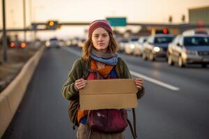 une photo de une randonneur en portant une signe avec le Nom de leur voulu destination, permanent à une occupé Autoroute jonction. génératif ai