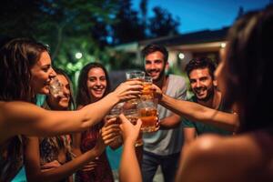 groupe de copains profiter une nuit par le bassin dans le les villas jardin, tintement leur bières ensemble dans fête. génératif ai photo