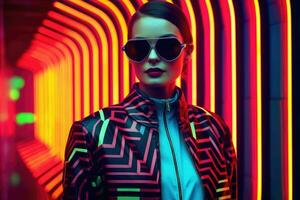 futuriste et élégant Années 80 mode femelle modèle pose dans une endroit avec néon géométrique lumières derrière son. génératif ai photo