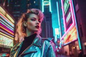 futuriste et élégant Années 80 mode femelle modèle pose dans le nuit ville lumières. génératif ai photo