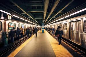 large - angle coup de une bondé métro station pendant se ruer heure, mise en évidence le Efficacité et capacité de Publique transport. génératif ai photo