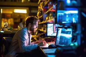 une scientifique en cours d'analyse Les données sur une ordinateur dans une recherche laboratoire. génératif ai photo