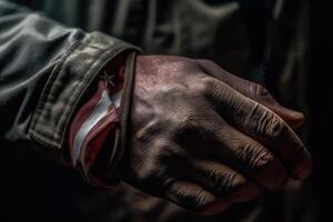 une proche - en haut photo de un américain soldats main en portant une plié américain drapeau, représentant honneur et sacrifice. génératif ai