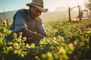 photo de une travailleur ferme ouvrier dans une ensoleillé champ, tendre à le cultures. génératif ai