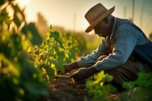 photo de une travailleur ferme ouvrier dans une ensoleillé champ, tendre à le cultures. génératif ai