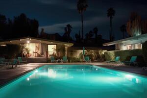 le vibrant atmosphère de une au bord de la piscine fête illuminé par coloré lumières dans une dynamique photo. génératif ai photo