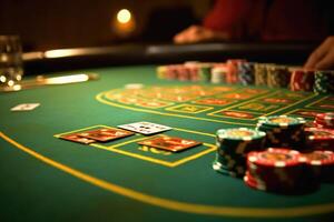 une proche - en haut coup de une blackjack table dans une casino, mise en évidence le vibrant couleurs de le cartes et le lisse surface de le tableau. génératif ai photo