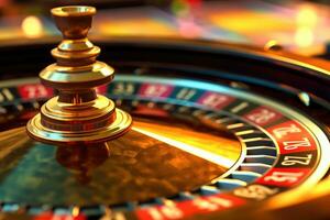 une proche - en haut coup de une roulette table dans une casino, mise en évidence le filage roue et coloré pari puces. génératif ai photo