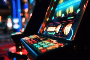 une proche - en haut coup de une rangée de fente Machines dans une casino, mettant en valeur leur clignotant lumières et attrayant boutons. génératif ai photo