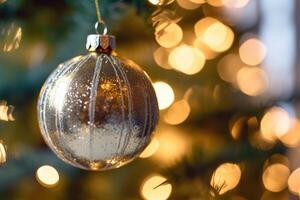 une proche - en haut coup de une chatoyant Nouveau années ornement pendaison de le branches de une Noël arbre. génératif ai photo