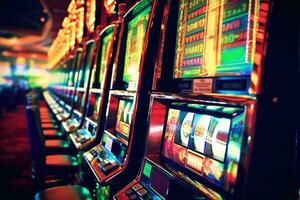 une proche - en haut coup de une rangée de fente Machines dans une casino, mettant en valeur leur clignotant lumières et attrayant boutons. génératif ai photo