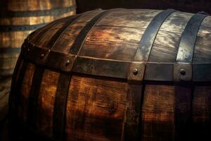 une proche - en haut coup de un vieux en bois baril dans une du vin voûte cave, mettant en valeur le riches texture et vieilli patine de le bois. génératif ai photo