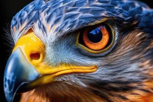 le expressif yeux de une majestueux oiseau dans une proche - en haut tir. génératif ai photo