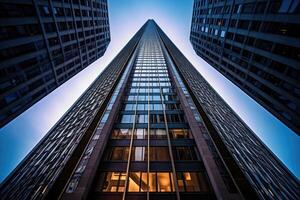 le magnificence de une imposant gratte-ciel de une unique vers - œil vue perspective. génératif ai photo