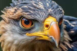 le expressif yeux de une majestueux oiseau dans une proche - en haut tir. génératif ai photo