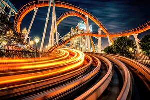 le euphorie et frisson de une rouleau Coaster balade à un amusement parc. génératif ai photo