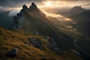 le majesté et grandeur de une Montagne paysage à lever du soleil. génératif ai photo