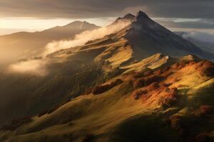 le majesté et grandeur de une Montagne paysage à lever du soleil. génératif ai photo