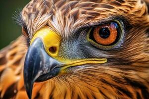 le expressif yeux de une majestueux oiseau dans une proche - en haut tir. génératif ai photo