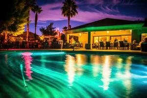 le vibrant atmosphère de une au bord de la piscine fête illuminé par coloré lumières dans une dynamique photo. génératif ai photo