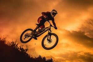 une proche - en haut vue de le silhouette de une homme sur une bicyclette sauter dans le d'or le coucher du soleil. génératif ai photo