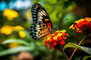 le tranquillité et beauté de la nature avec une proche - en haut coup de une coloré papillon repos sur une fleur. génératif ai photo