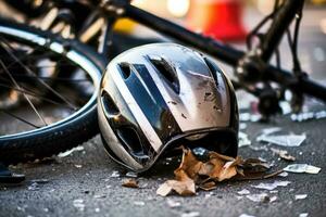 une image par capturer le conséquences de une vélo crash sur une ville route. génératif ai photo