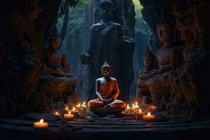 dans cette puissant image, une Bouddha statue est assis gracieusement dans une lotus pose, rayonnant une sens de calme et tranquillité. génératif ai photo