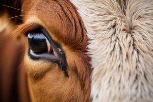 proche - en haut vue de une vache pâturage pacifiquement dans une vert pâturage. génératif ai photo