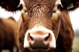 proche - en haut vue de une vache pâturage pacifiquement dans une vert pâturage. génératif ai photo