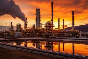 le industriel paysage de un pétrole raffinerie plante dans le pétrochimique industrie. génératif ai photo