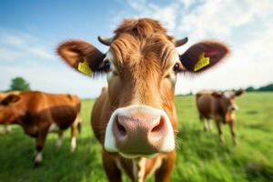 proche - en haut vue de une vache pâturage pacifiquement dans une vert pâturage. génératif ai photo