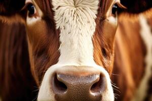 proche - en haut vue de une vache pâturage pacifiquement dans une vert pâturage. génératif ai photo