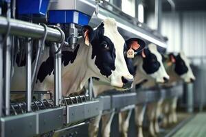 une fermer vue de vaches pendant le traite processus. génératif ai photo