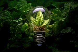 proche - en haut photo, le concept de renouvelable énergie et durable vivant par le représentation de un éco - amical ampoule fabriqué de Frais feuilles. génératif ai photo