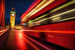 proche - en haut tir, charme de Londres à nuit comme une rouge double - decker autobus gracieusement des croix. génératif ai photo