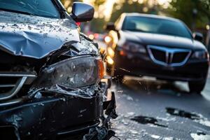 proche - en haut vue de une voiture accident sur une humide route pendant pluie. génératif ai photo